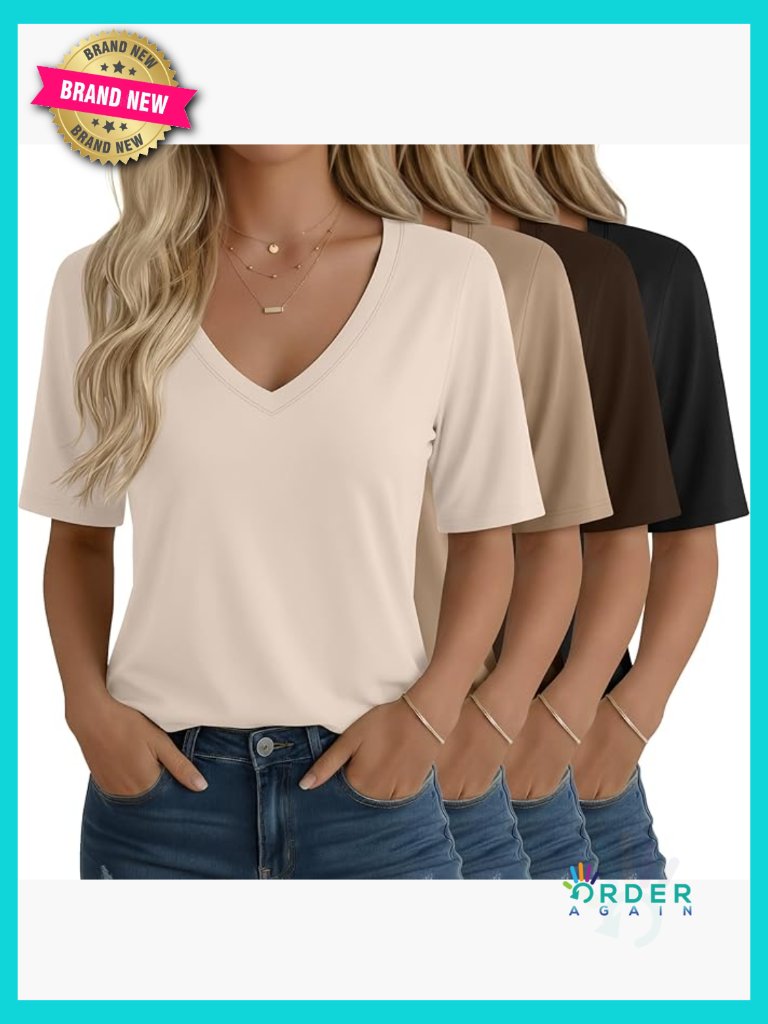 V Neck Half Sleeve Loose Fit T Shirts 4 Pack Casual Summer Tees Elbow Length